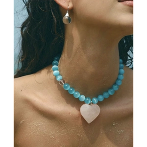 Beaded Necklace And Bracelet Heart Pendant Cat Eye Stone Artificial Pearl Titanium Steel Gold Plated Summer Jewelry For Women