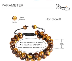 Detail view of double-layer 8mm tiger eye stone bracelet with adjustable cord size info