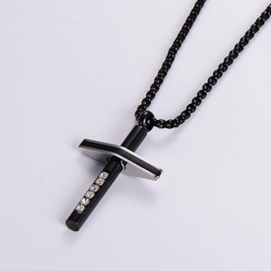 Hip-hop black cross pendant necklace with sparkling diamonds on a stainless steel chain