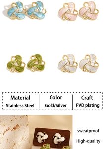 Detail showing colorful enamel flower earrings with gold PVD plating and stainless steel base