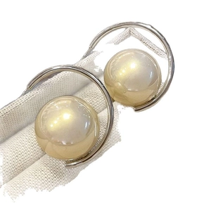 French vintage large pearl stud earrings with silver pins and gold metallic curved frame