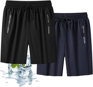 Detail van ijssijde shorts met elastische taille en ritszakken in zwart en marineblauw
