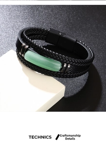 Detail view of woven leather bracelet with green aventurine stone and black magnetic clasp
