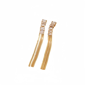 Elegant gold titanium steel long tassel earrings with sparkling rectangular crystal studs