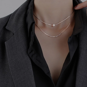 Baroque pearl geometric double layer silver necklace shown on model in a high-fashion style