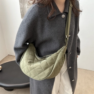 Quilted nylon crescent shoulder bag for women, stylish large capacity dumpling crossbody bag.