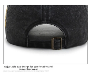 Macro detail of adjustable bronze metal buckle on washed denim baseball cap