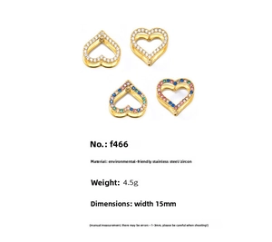 Detailed close-up of double-sided heart stud earrings with zircon inlay and dimensions