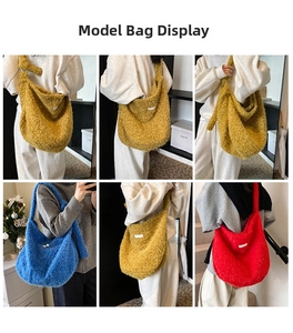 Plush tote bag in yellow, blue, and red showing large capacity and soft texture