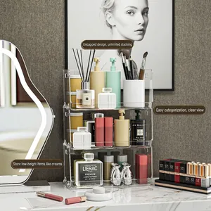 Three-tier transparent acrylic makeup organizer for skincare, perfume, and vanity storage