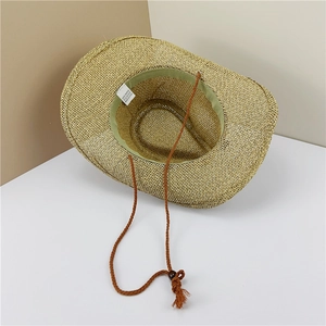 Breathable hollow-out straw jazz cowboy hat with a brown woven chin strap and wooden bead