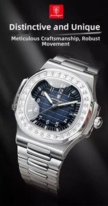 Close-up of luxury men's watch featuring a blue checkered dial and diamond bezel