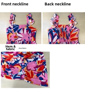 Detail of vibrant abstract floral fabric with ruffled straps and elastic smocked back