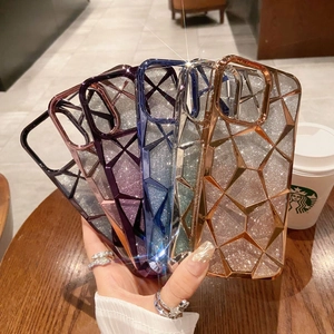 Electroplated Diamond Lattice Glitter Phone Case For 17 16 15 14 13 Pro Max TPU Shockproof Protective Cover Women Jewelry