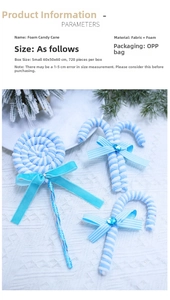 Close-up of blue and white striped foam candy cane ornaments with ribbon and gemstone