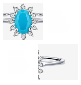 Close-up of S925 sterling silver ring featuring oval turquoise and halo diamond setting