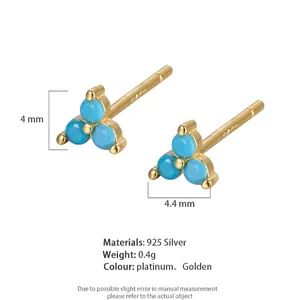 Elegant 925 sterling silver gold stud earrings featuring three turquoise zircon stones