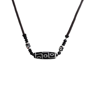 New Chinese style Nine-Eyed Dzi Bead necklace with brown braided rope on white background