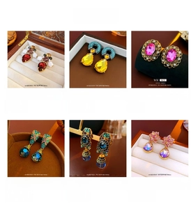 Collezione di orecchini vintage dorati con zirconi colorati e perno in argento