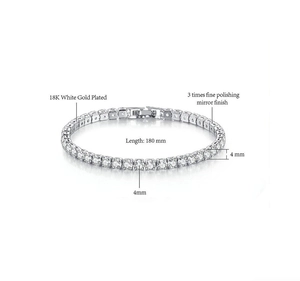 Detailed view of 18K white gold plated tennis bracelet with 4mm cubic zirconia stones