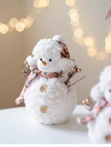 Detailed macro view of plush snowman with wooden buttons and festive knit scarf decoration