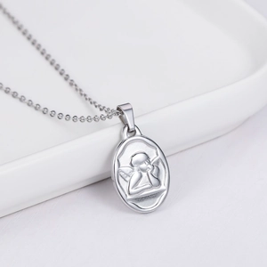 Polished silver titanium steel necklace featuring a relief Cupid angel pendant on a thin chain