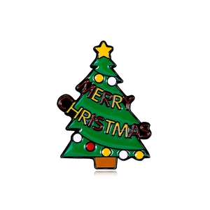 Cute green enamel Christmas tree brooch with Merry Christmas lettering on white background