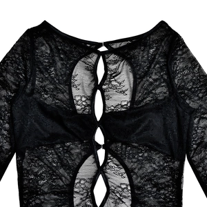 Close-up of black lace bodysuit featuring intricate mesh patterns and back cut-out details