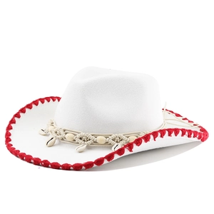 White felt cowboy hat with red stitching and bohemian shell beaded trim details