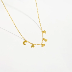 Minimalist S925 sterling silver golden necklace featuring space-themed charms