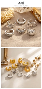 Detailed tile display of various gold and silver textured C-shaped cartilage ear cuffs