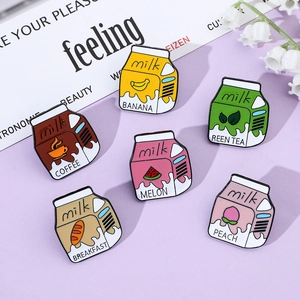 Detailed set of six cute cartoon milk box enamel pins with fruit and flavor patterns
