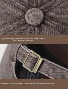 Detail of vintage baseball cap stitching and adjustable bronze metal buckle closure
