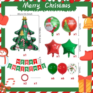 Détails du kit déco Noël avec ballons sapin, bannières et ballons en latex colorés