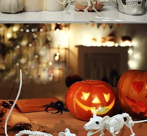 Realistic plastic mouse skeleton decorations for Halloween on a rustic wooden table