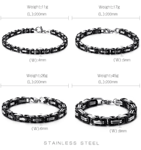 Detailed size chart for stainless steel Byzantine chain bracelets in 4mm to 8mm widths