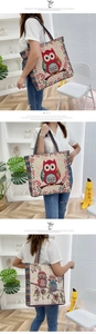 Detailed views of ethnic canvas tote bag with colorful knitted owl pattern and shoulder straps