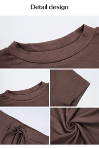 Detail view of coffee-brown ribbed knit set showing round neck and drawstring waist
