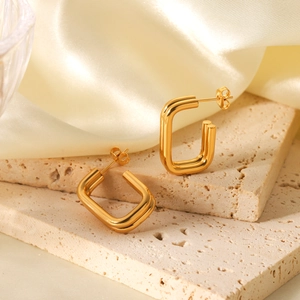 Geometric Rectangular Earrings 18K Gold Plated Stainless Steel Double Layer Line Modern Minimalist Style For Women