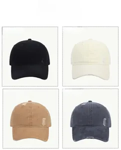 Detailed grid view of distressed cotton baseball caps in black, beige, khaki, and grey colors