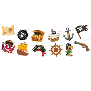 Pirate theme birthday party banner with treasure map and ship cartoon paper decorations