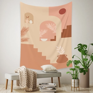 Detail of Bohemian abstract tapestry with sun and leaf motifs in warm orange tones