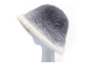 Detailed texture of grey and white gradient faux fur on a plush winter bucket hat