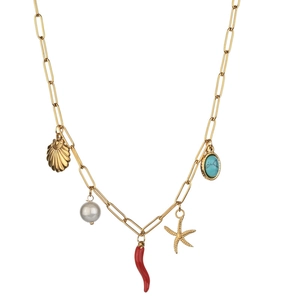Detail of gold paperclip chain necklace with shell, pearl, chili and starfish pendants