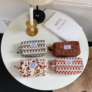 Trousse De Maquillage En Velours Côtelé À Carreaux Floraux Pochette Cosmétique Fermeture Éclair Organisateur De Voyage Femmes