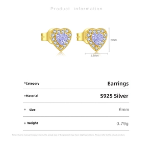 S925 sterling silver heart studs with purple cubic zirconia and crystal halo, size 6x5.5mm
