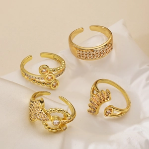 Set of 18K gold plated zircon geometric open rings with sparkling stones for women