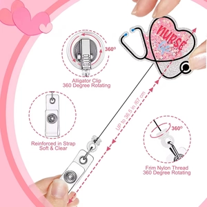 Nurse Life acrylic retractable badge reel with glitter heart and 360 rotation clip