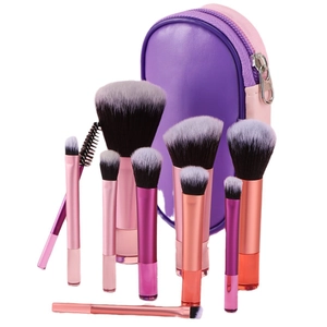10-piece mini makeup brush set with crystal gradient handles and a zippered travel pouch