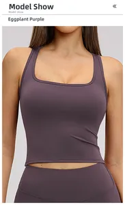 Detail of eggplant purple sports vest with wide U-neck and soft brushed fabric texture